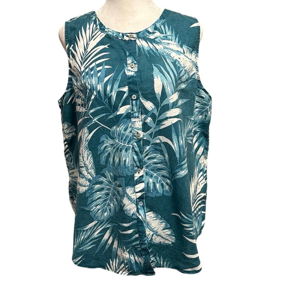 C&C California Sz L Sleeveless Top Shirt Button Up 100% Linen Palm Leaf Tropical